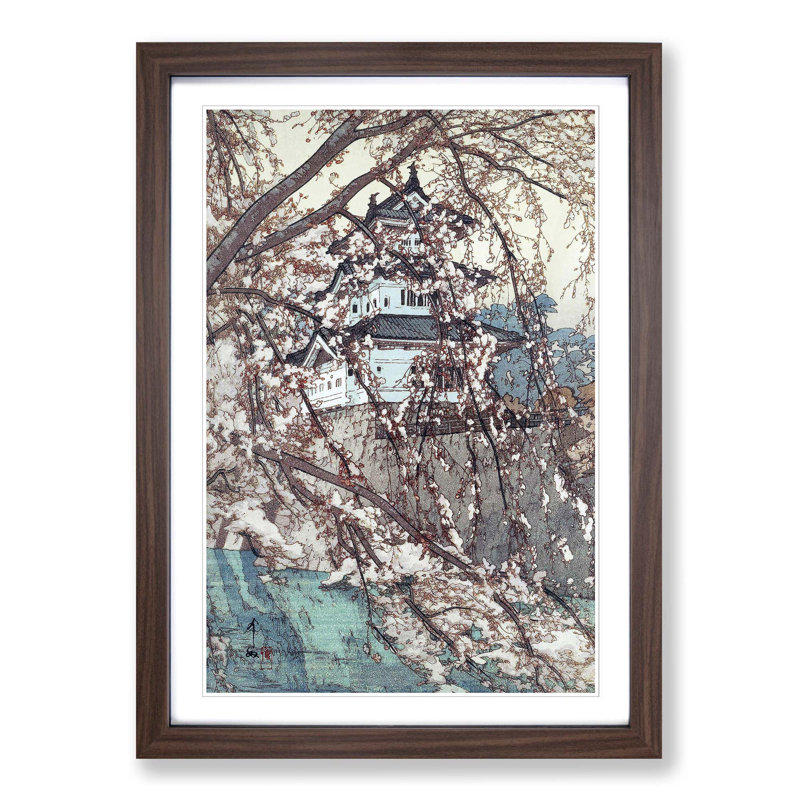 Hirosaki Castle by Hiroshi Yoshida - Picture Frame Art Print, Walnut Framed, 48cm H x 36cm W x 2cm D