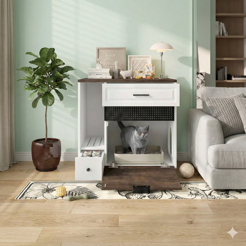 Table de bout cachée pour litière pour chat, finition blanche et brune, comprend deux tiroirs et un compartiment de porte pour le bac à litière