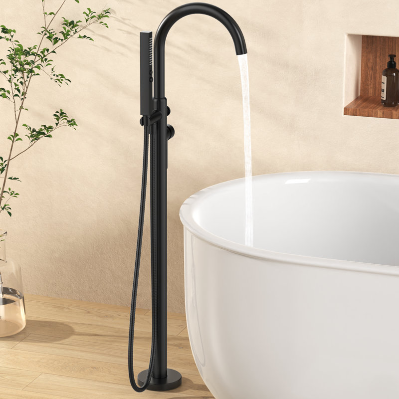 KES Free Standing Bathtub Faucet with Rough-In Valve & 2-Function Handshower for Tub Rinsing & Bathing, High Flow 2-Min Fill Floor Mount Tub Filler, Anti-Wobble Base, Matte Black