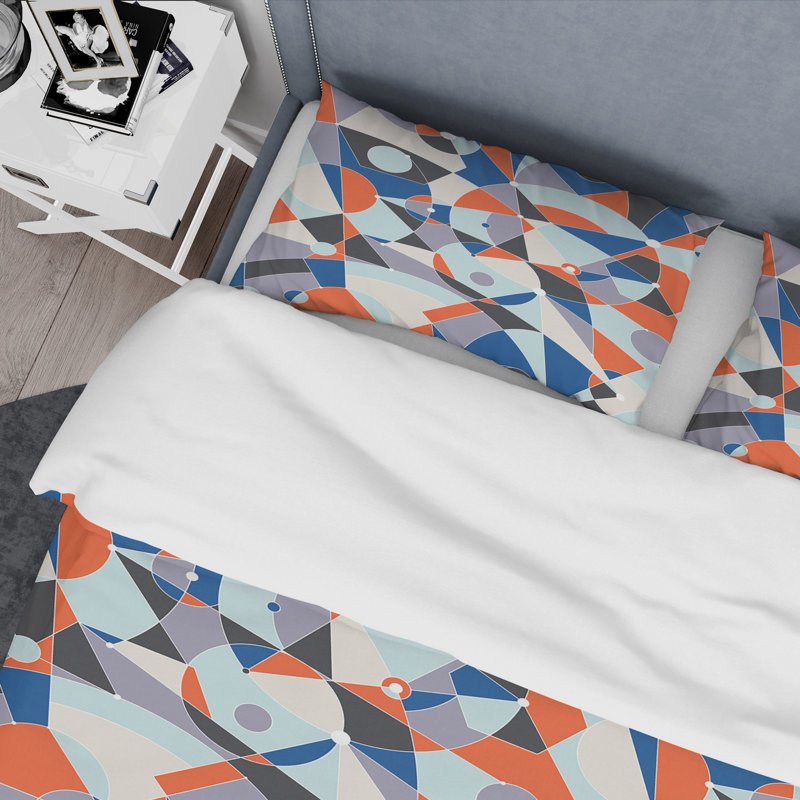 Ensemble de housse de couette Mid-Century Retro Grid IV, Housse de couette très grand et 2 taies, Orange/bleu