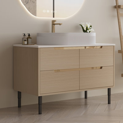 Meuble-lavabo moderne 36 po avec lavabo et plateau en pierre frittée, bois multi-couches imperméable, rangement de tiroirs, autoportant et mural