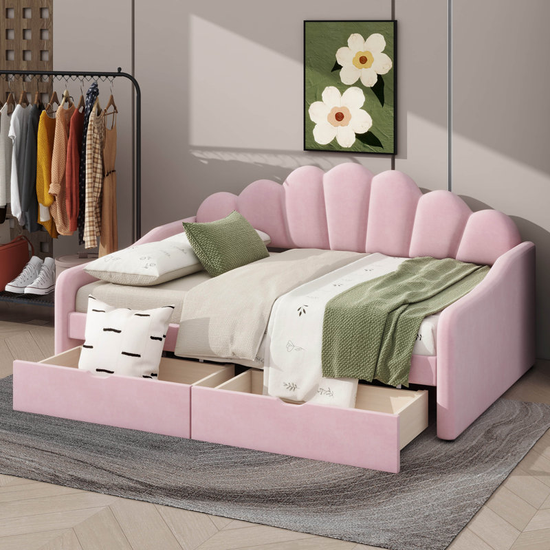Full-Scale Modern Fabric-Draped Platform Bed Frame With Curved Headboard & Integrated Storage Drawers, Pink