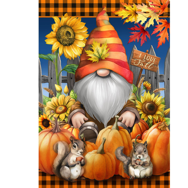 Drapeau de maison gnome et citrouilles, Automne orange/rouge/marine