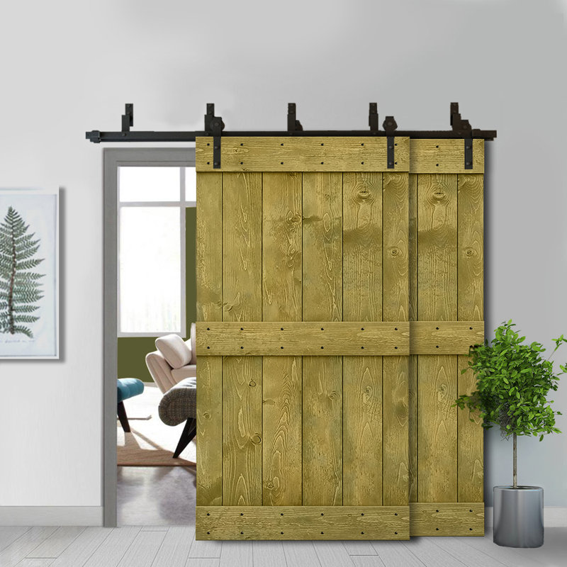 Porte de grange double à panneaux en bois teinté à panneau Mid-Bar, 56 po x 84 po, Vert jungle