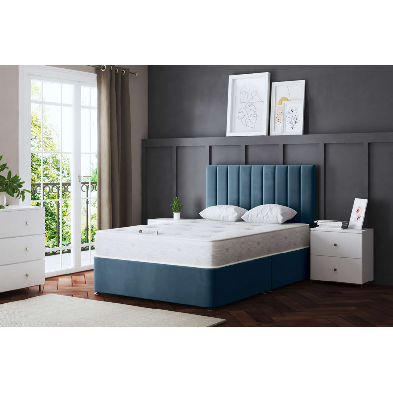 Amelia Upholstered Panel 4 Draw Divan Bed with Headboard, Double (4'6), Blue