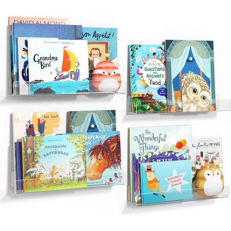 Bibliothèque flottante en acrylique, paquet de 4, tablettes murales modernes transparentes, bibliothèque à rebords invisibles pour les chambres, les chambres de bébé et les espaces familiaux