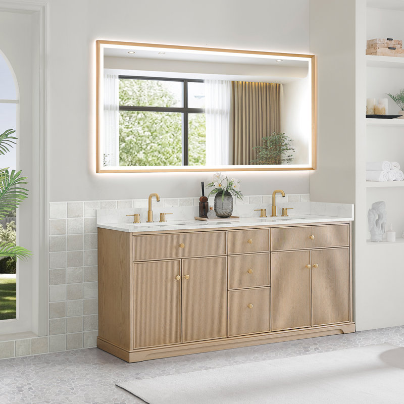 Noe 72" Double Bathroom Vanity in Natural Oak with Grain White Engineered Stone Countertop No Mirror, 72"