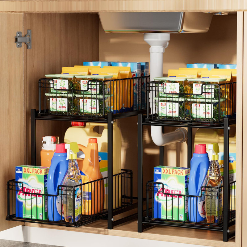 Sliding 2-Tier Cabinet Organizer With Rust-Proof Shelves - Under Sink, Kitchen, Bathroom Storage