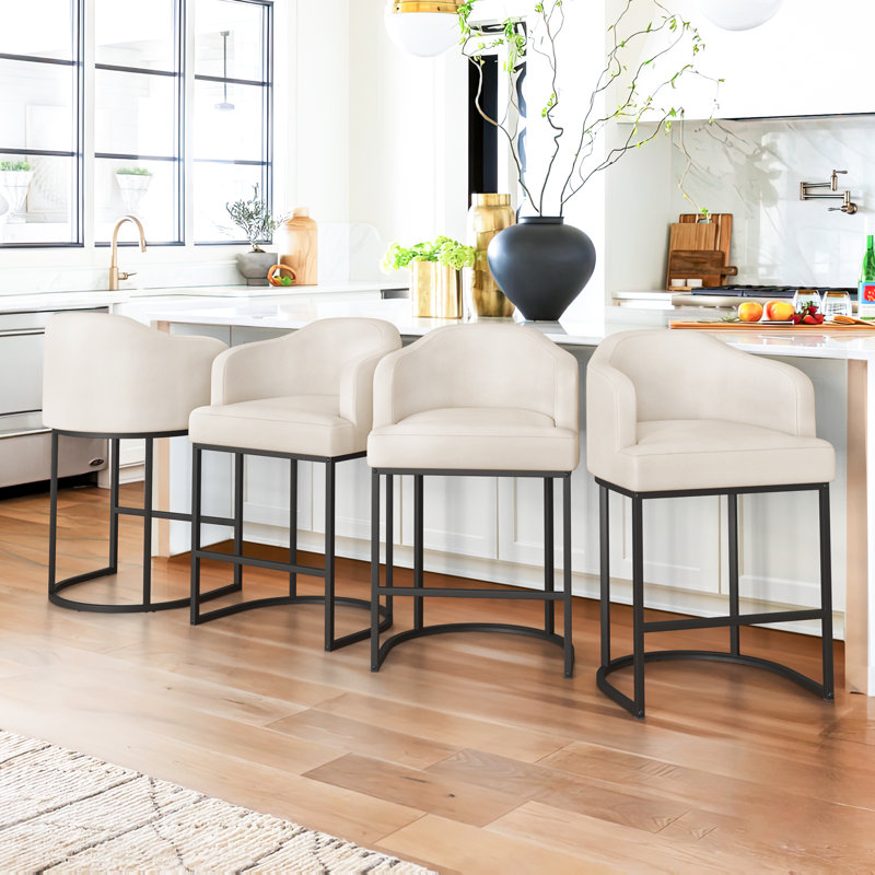 Upholstered 27" Bar&Counter Stool With Metal Frame, Ivory Faux Leather