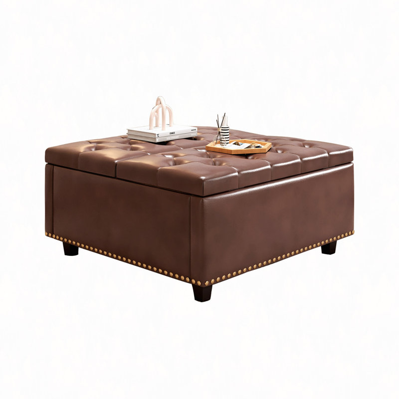 Grand tabouret de rangement carré avec deux portes de rangement, tabouret pour le salon, table basse avec incrustation de têtes de clou en similicuir