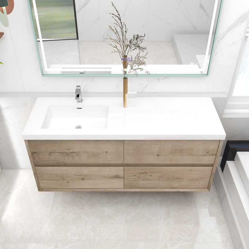 Antheny 59'' Single Bathroom Vanity with Acrylic Top, Light Oak