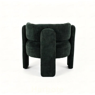 Fauteuil d'appoint moderne à dossier creux, fauteuil tonneau incurvé en tissu texturé vert, fauteuil simple rembourré à pieds blocs, fauteuil d'appoint sculptural unique pour le bureau de la chambre à coucher