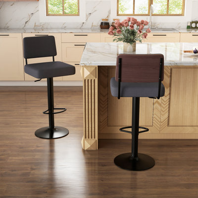 Adjustable Bar Stool, Modern Counter Height Stools, Upholstered Swivel Bar Chairs With Curved Wooden Back, Footrest And Metal Base