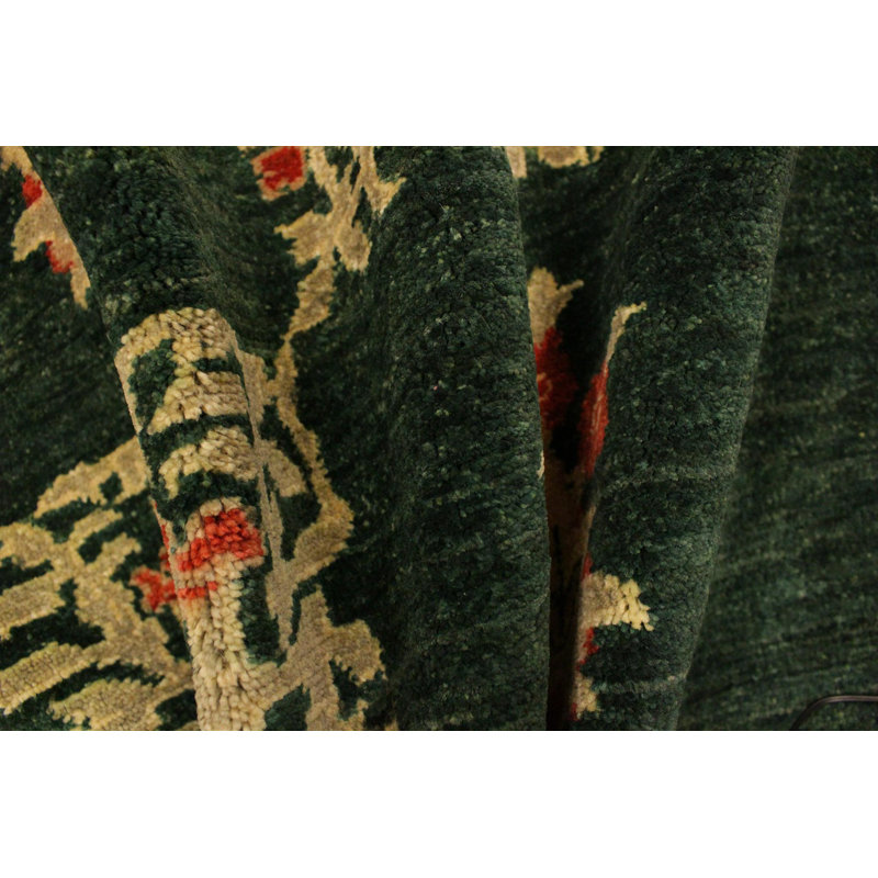 Tapis vert / rouge / beige en laine noué à la main 3 pi 1 po x 4 pi 9 po Ray Floral