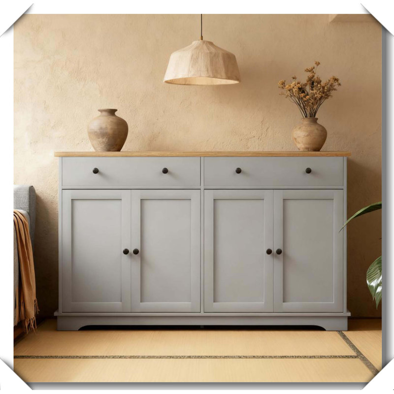 Nordic Style Buffet Sideboard Storage Drawers Adjustable Shelves Anti-Tipping, Grey,Oak