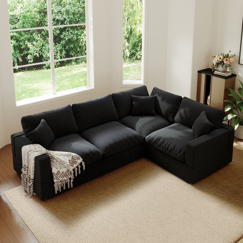 Upholstered Cloud Couch, Modular Sectional Sofa L-shaped Couch for Living Room Bedroom, Black