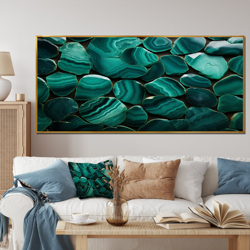 Vert émeraude pierre Amazonite géode II - art mural pierre géode, H 28 po x l 60 po x P 1,5 po, Cadre flottant doré