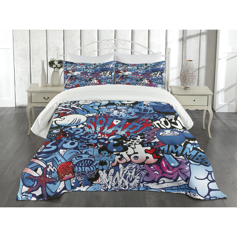 Queen Size Graffiti Street Art Quilted Bedspread Set