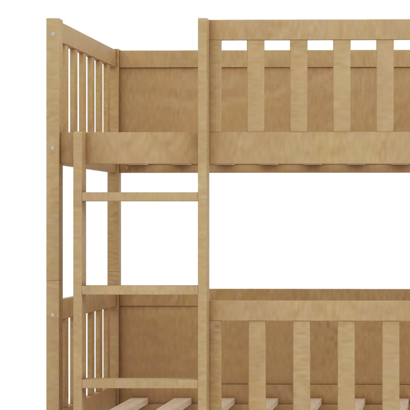 Twin Over Twin Over Twin Triple Bunk Bed (Solid Rubber Wood) – Ladders, Guardrails & Detachable Design, Natural