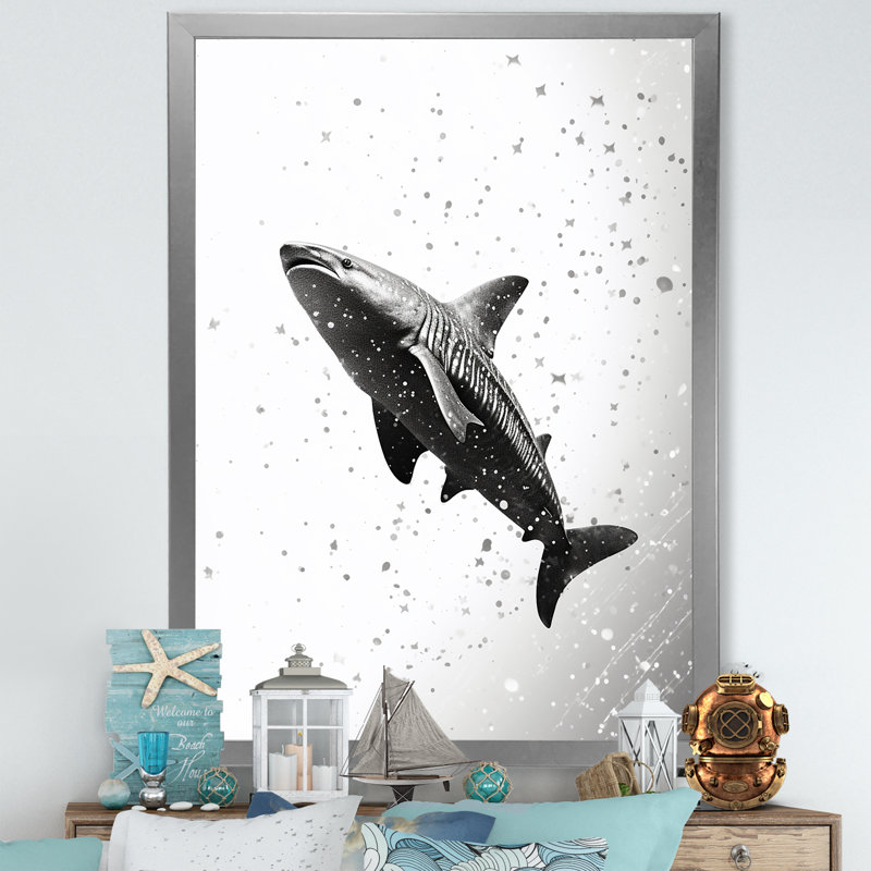 " Monochrome Gray Shark Dance II ", 32" H x 16" W x 1" D, Silver Single Picture Framed