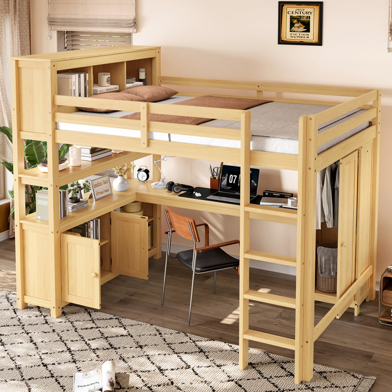 Wood Loft Bed With Cabinet And Bookshelf, Queen Size Loft With Wardrobe And Desk For Kids,Natural, Natural