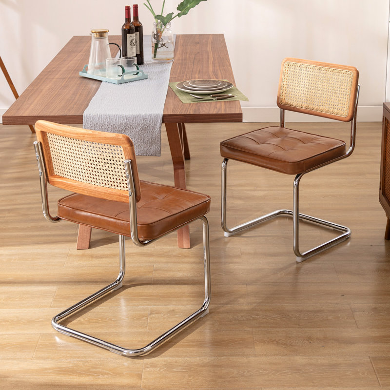 Aveon 48.5cm H Mid-Century Modern Tufted Leather Cantilever Dining Chair with Chrome Frame and Cane Rattan Back, Brown