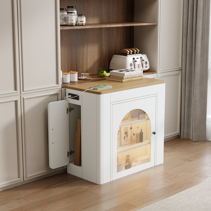 Îlot de cuisine avec table de salle à manger extensible, armoire roulante avec prise de courant, Blanc