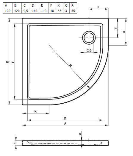 Large Quadrant Shower Tray RIHO ZURICH 288 120X120x4,5Cm