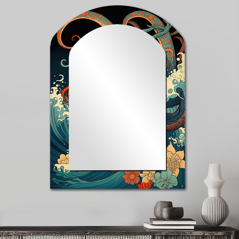 Paysage japonais avec pieuvre V - miroir mural unique à arche du Japon, miroir asymétrique traditionnel, impression d'art en métal