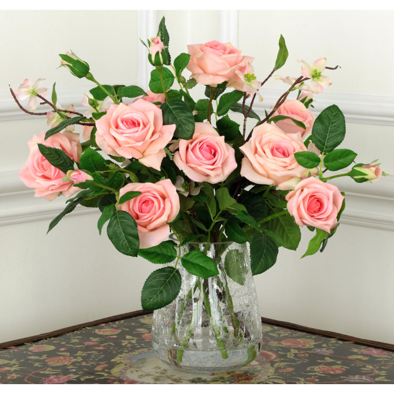 Roses In Crackle Vase - 17 Inches, Light Pink