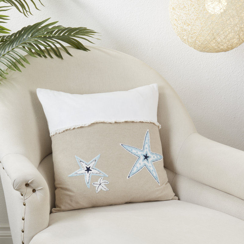 Beige and White Embroidered Starfish Cotton Throw Pillow, 18" x 18"