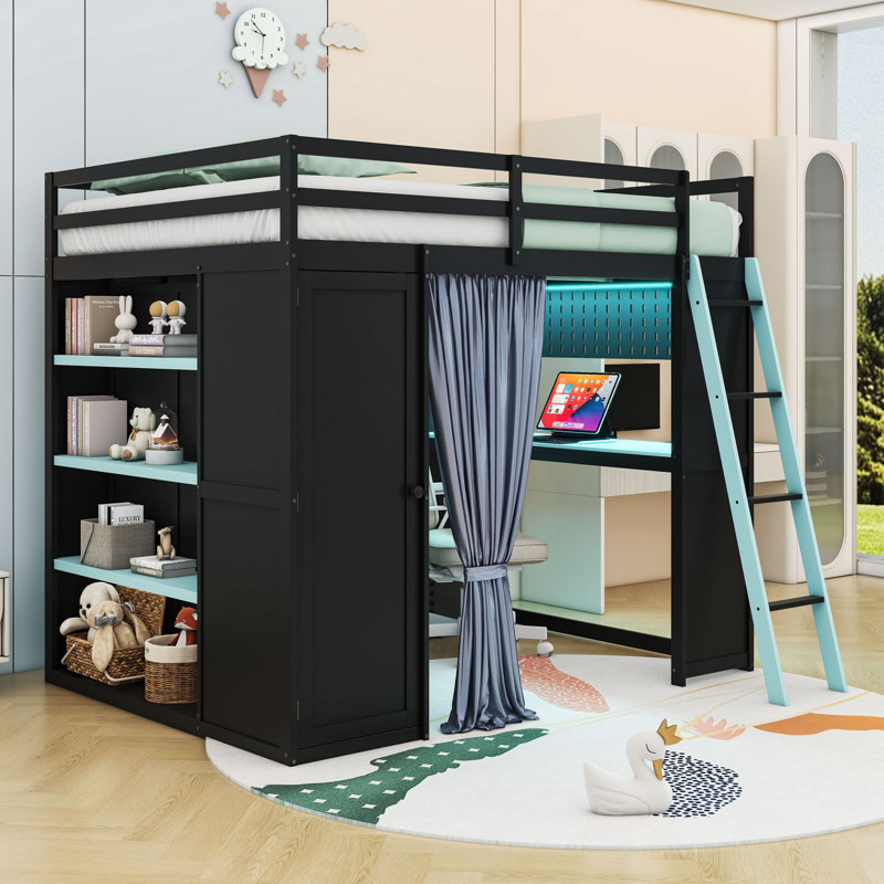 Lit mezzanine double avec poste de travail intégré, tablettes, garde-robe et lumières RVB, Noir / Bleu