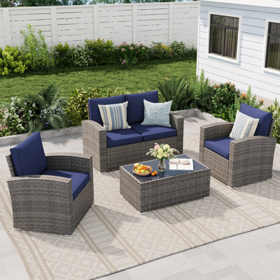 4-Piece PE Rattan Wicker Patio Conversation Set With Grey Cushions