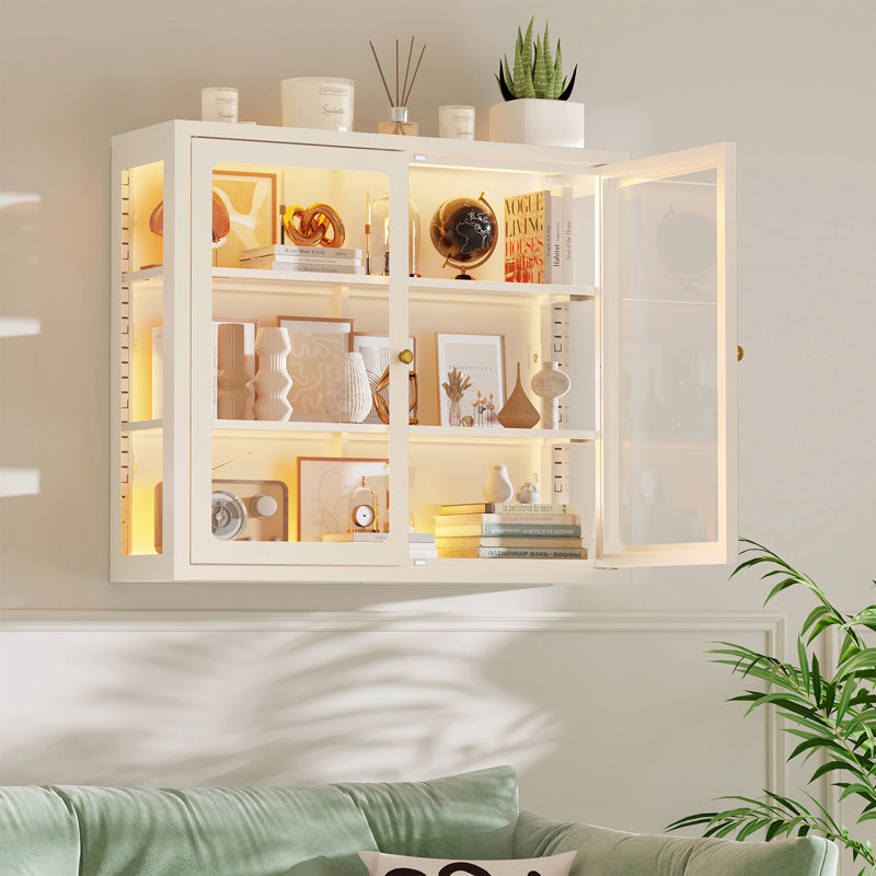 Vitrine murale en verre 3 faces avec portes doubles, Blanc