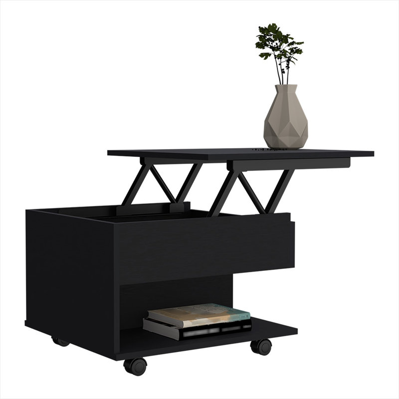 Table basse avec plateau relevable et roulettes, conception compacte carrée de rangement aux tons noirs