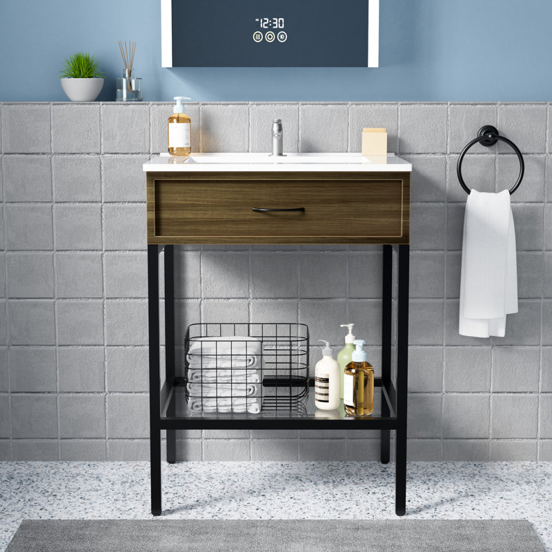 Meuble-lavabo 24 po avec lavabo en résine, structure en acier inoxydable et tablette ouverte en verre trempé
