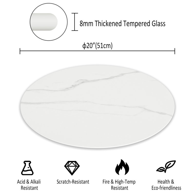 Plateau de table rond en verre trempé avec motif en marbre, Blanc, H 0,31 po x l 20 po x P 20 po