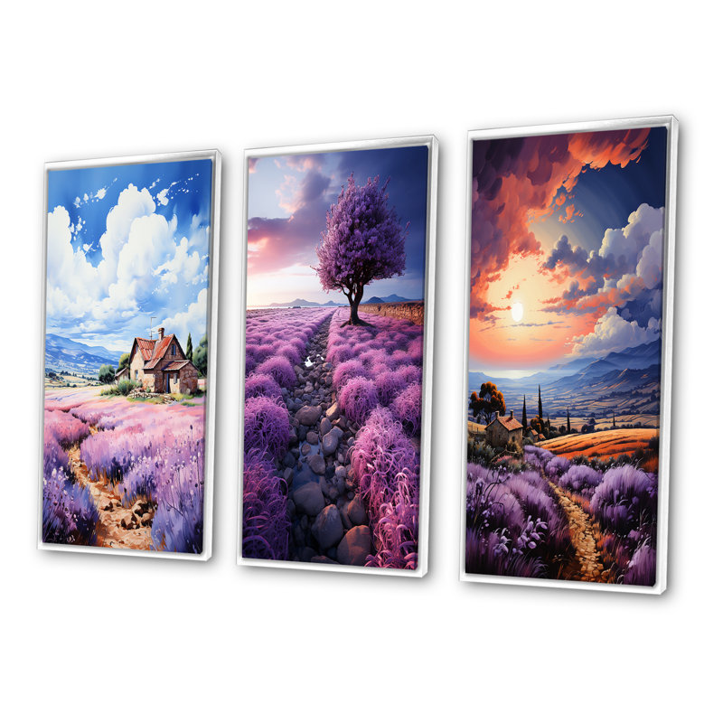 «France Lavender Hues», 3 pièces sur toile, Cadre blanc, H 40 po x l 60 po