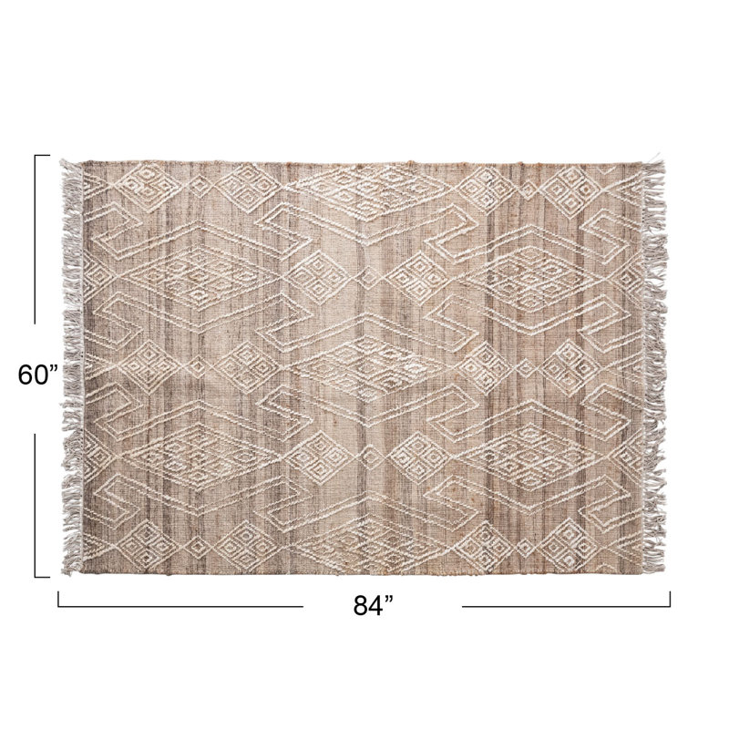 Hand-Woven Jute And Wool Blend Rug With Pattern And Fringe