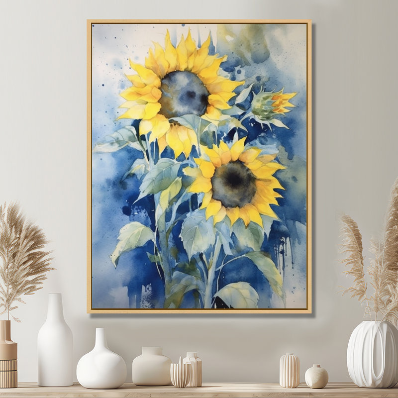 Jaune, bleu, tournesol doré, impression sur toile florale, H 32 po x l 24 po x P 1 po, Cadre flottant en érable