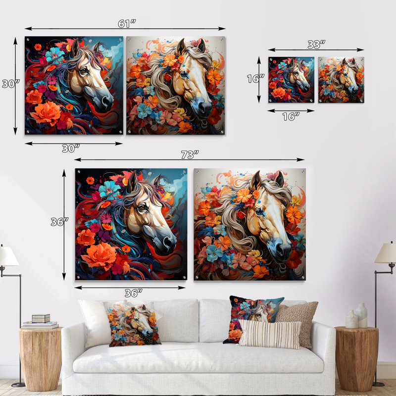 Popart cheval Portait - cheval acrylique ensemble de 2 verres muraux, H 16 po x l 33 po