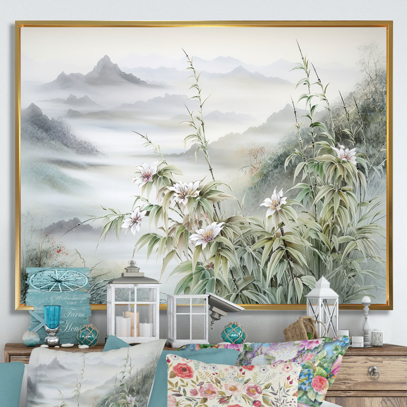 «Bambou japonais au bord de la montagne» - reproduction, H 12 po x l 20 po x P 1 po, Cadre flottant doré