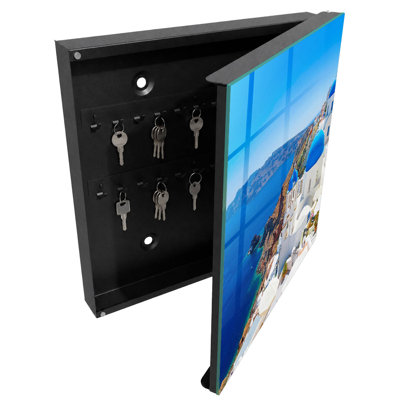 Key box, Opens to the left, 30x30x5, White, White buildings with blue domes by the sea, 