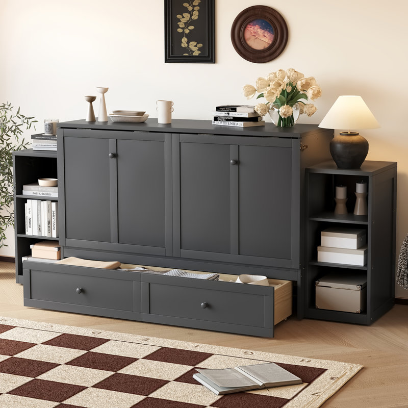 Grand lit escamotable avec tiroirs et tablettes de rangement spacieux, idéal pour les chambres d'amis ou les chambres compactes, gris foncé rétro