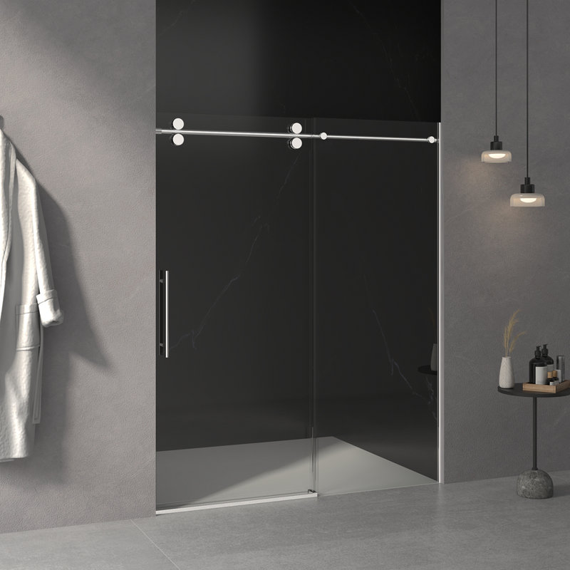 Porte de douche sans cadre de 56 à 60 po x H 76 po, porte de douche coulissante, avec cabine de douche en verre trempé épais de 3/8 po (10 mm) de qualité supérieure, couche facile à nettoyer à double face, finition chromée avec tampon