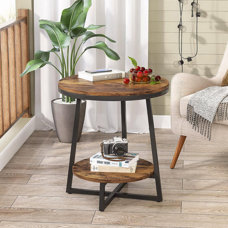 Table de bout industrielle 19,68 pouces avec tablette de rangement, table d'appoint ronde à 2 niveaux pour petits espaces, brun rustique, table de chevet robuste ou table basse