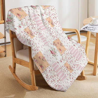 Patchwork Throw Blanket,Pink Boho Farmhouse Quilted Spring Floral Country Plaid Pattern Soft Cozy Warm Flannel Blankets for Sofa Couch Bed Gifts for Lover Women Adults 40x30 Inch
