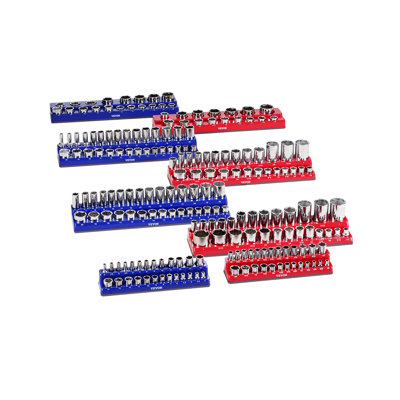 Magnetic Socket Organizer Set, 8PCS Socket Holder, 1/4'', 3/8'' & 1/2'' Metric SAE Socket Trays with Clear Labels, Hold up to 199PCS Standard & Deep Sockets, Blue & Red (Sockets Not Included)