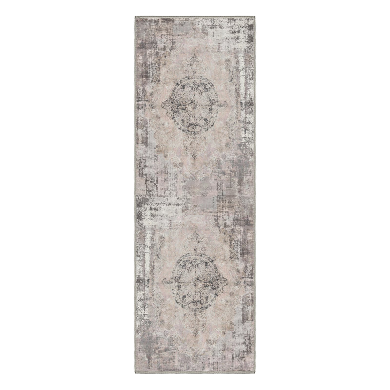 Combs Modern Abstract Distressed Medallion Machine Washable Grey / Pink Indoor Area Rug with Non-Slip Backing, Runner 2' x 7'