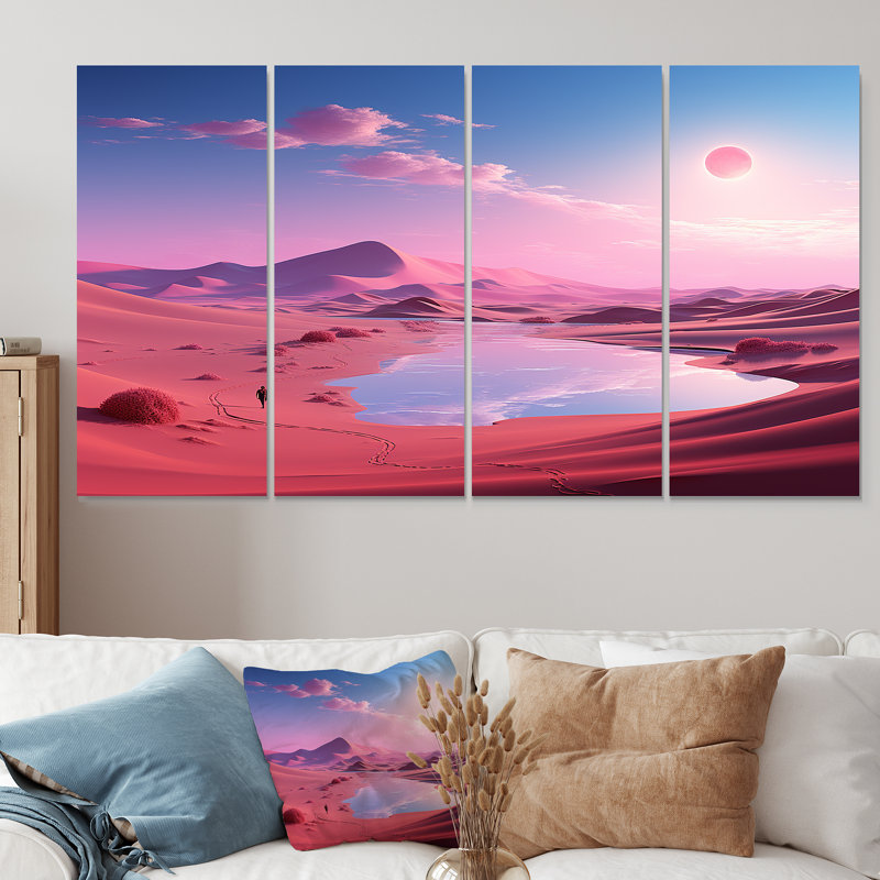«Space Dreamscape Roseat Sky II - Desert», art mural 4 pièces pour le salon, H 32 po x l 64 po